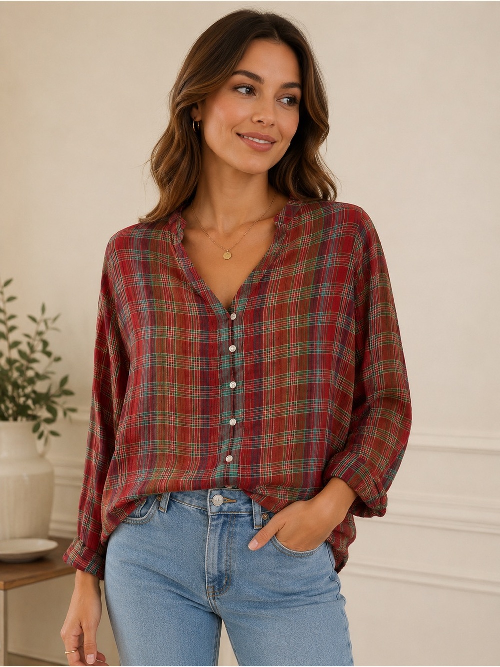 Trovata Multicolor Plaid Ruffle Collar Blouse